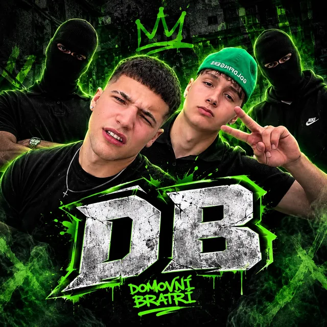 Vizuál Domovní Bratři — logo DB se členy skupiny v zeleném neonovém stylu