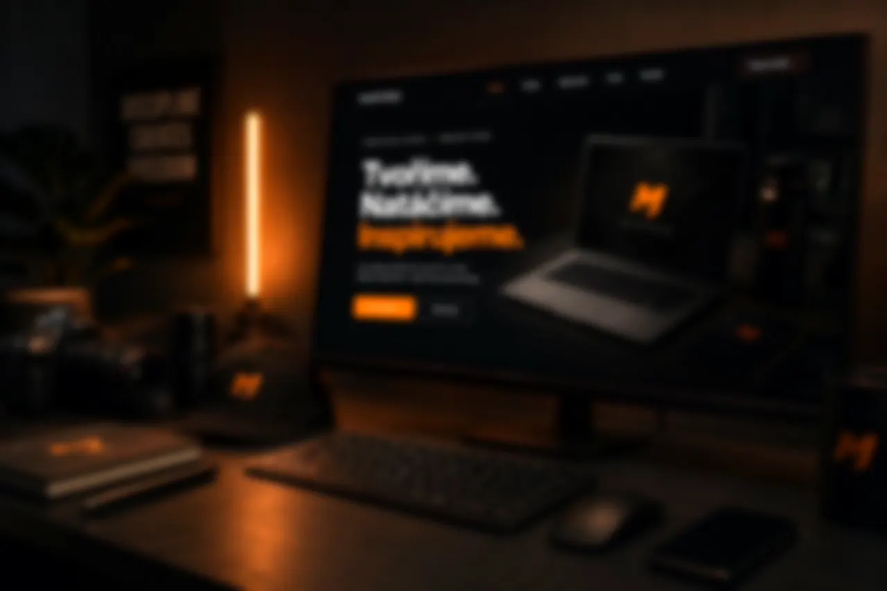 Pracovní stůl studia Martees — monitor s rozpracovaným webem, fotoaparát a brandované předměty ve světle lampy
