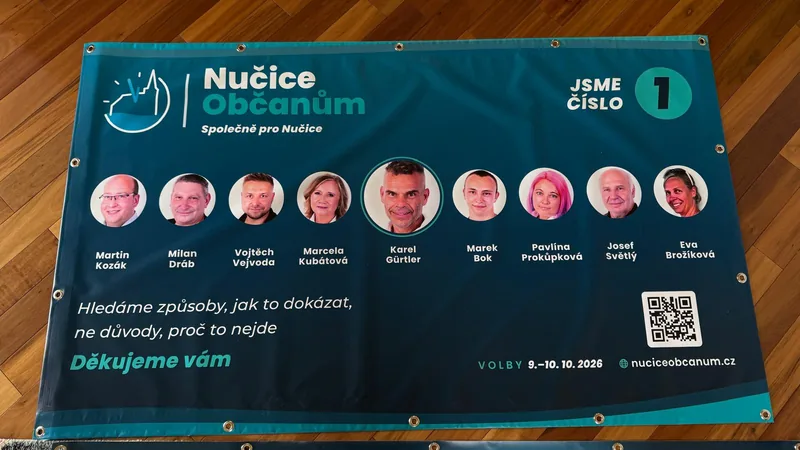 Volební banner Nučice Občanům s fotografiemi devíti kandidátů a heslem kampaně